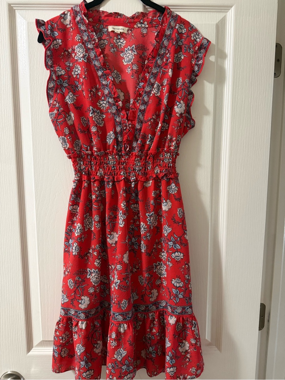 Ladies Red Floral Smocked Waist Dress
